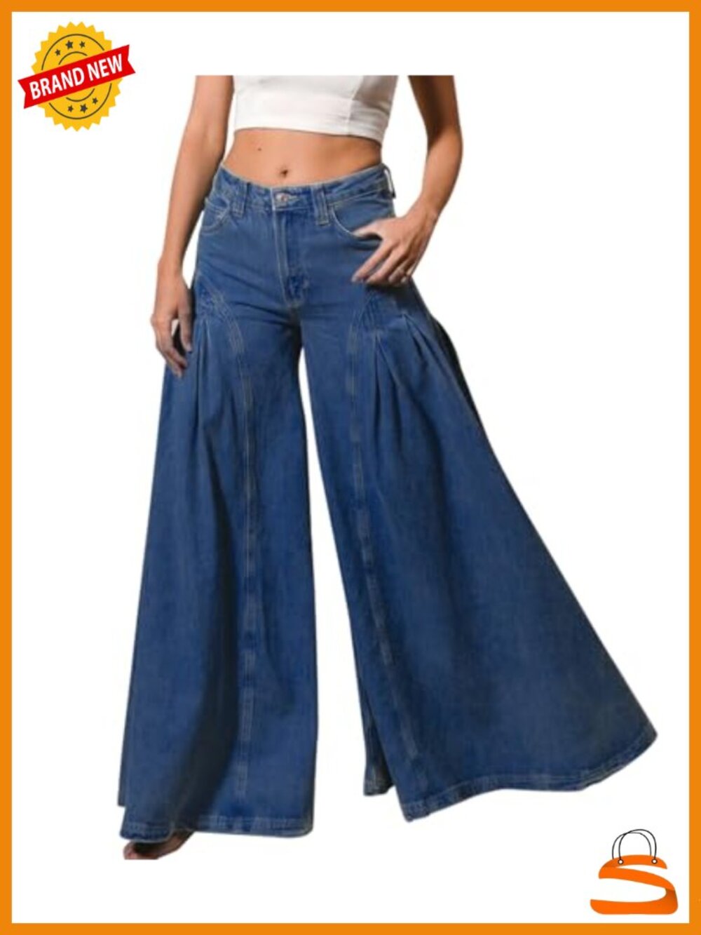 High Waist Bell Bottom Jeans Stretch Denim Flared Pleated Vintage Casual Loose